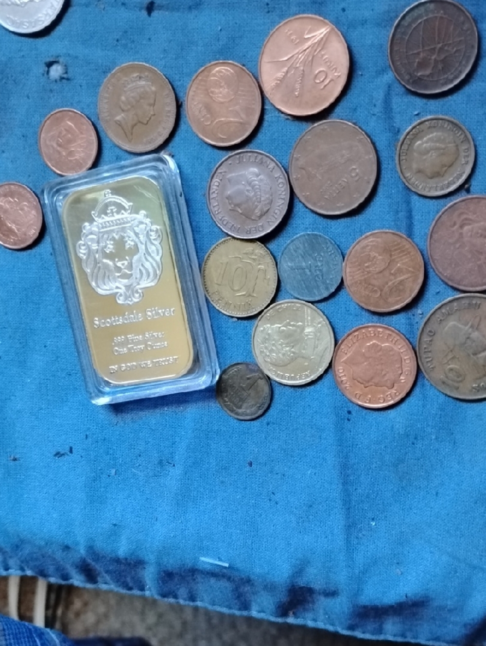 Scottsdale Silver 1 oz Plate Buillon Bar in Plastic Assay& Copper Coins